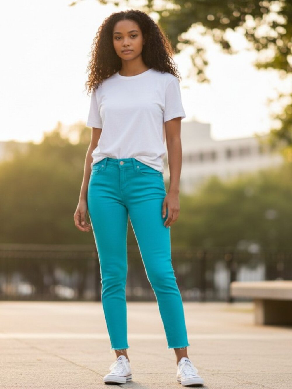 👉 Teal Skinny Jeans Raw Hem